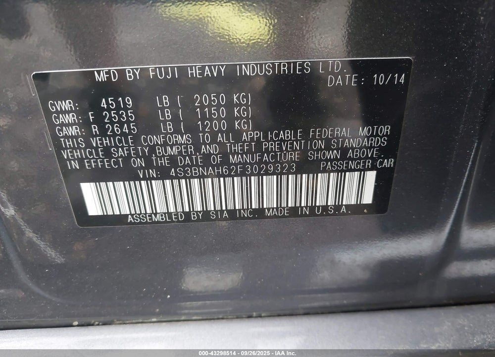 2015 SUBARU LEGACY VIN: 4S3BNAH62F3029323