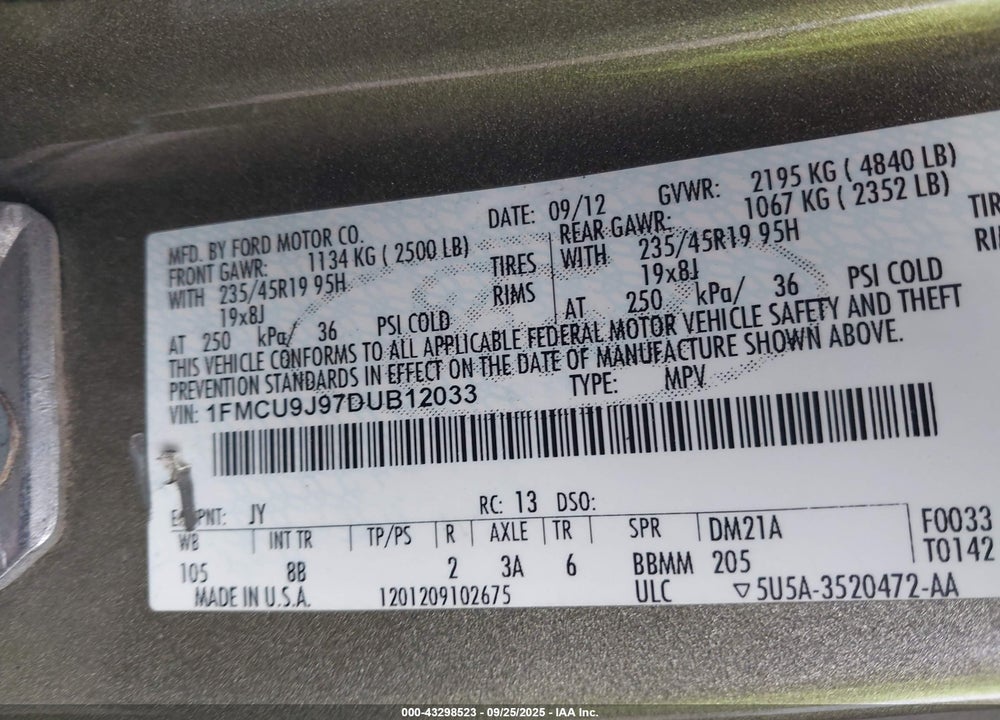 2013 FORD ESCAPE VIN: 1FMCU9J97DUB12033