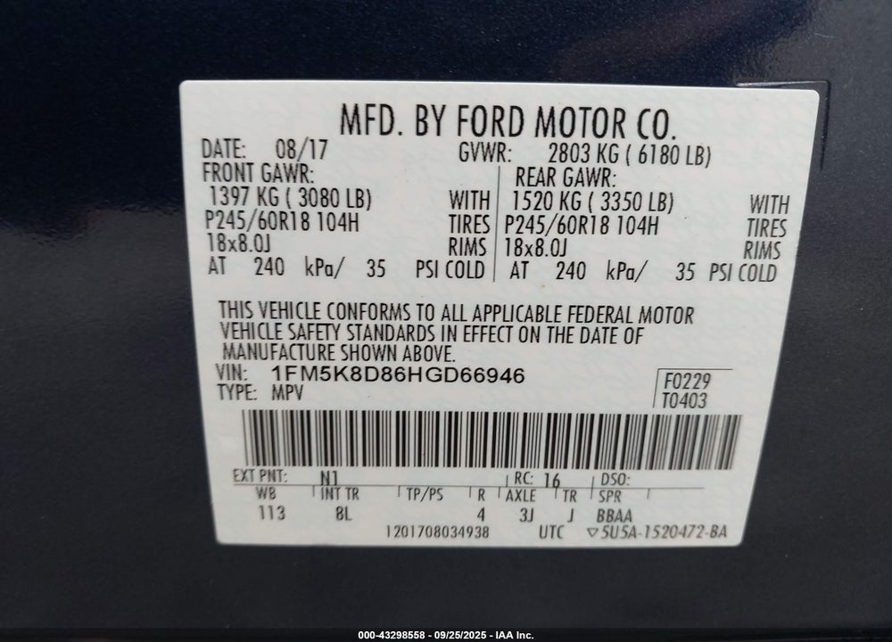 2017 FORD EXPLORER XLT VIN: 1FM5K8D86HGD66946