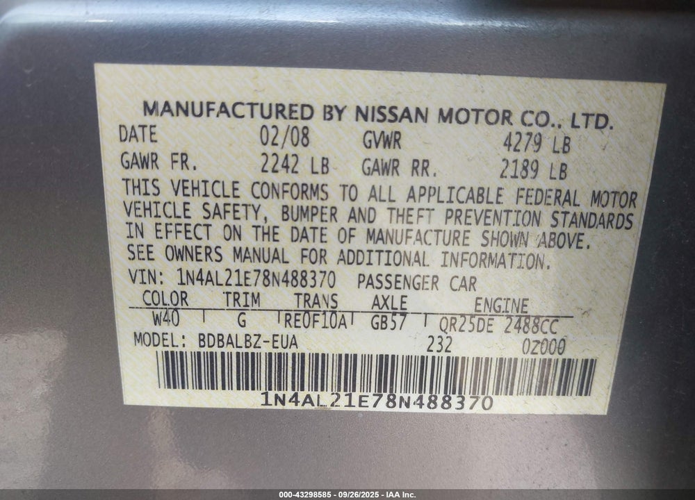 2008 NISSAN ALTIMA VIN: 1N4AL21E78N488370