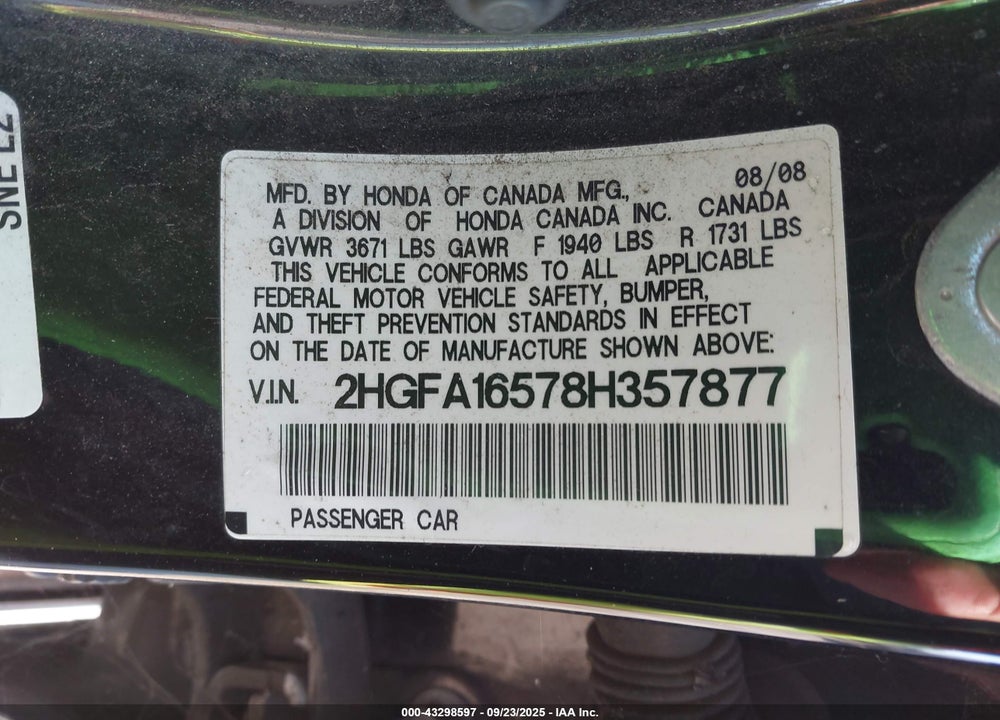 2008 HONDA CIVIC LX VIN: 2HGFA16578H357877