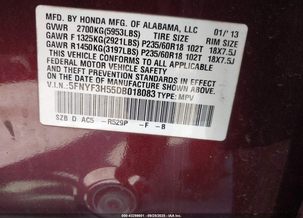 2013 HONDA PILOT VIN: 5FNYF3H55DB018083