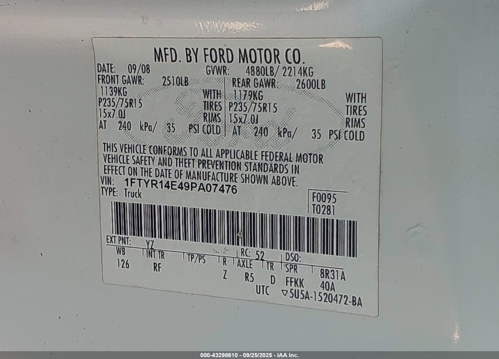2009 FORD RANGER SPORT/XL/XLT VIN: 1FTYR14E49PA07476