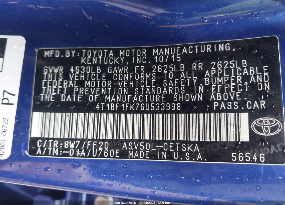 2016 TOYOTA CAMRY VIN: 4T1BF1FK7GU533998