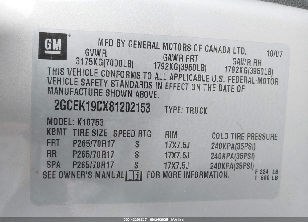 2008 CHEVROLET SILVERADO 1500 VIN: 2GCEK19CX81202153