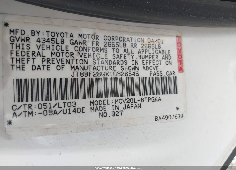 2001 LEXUS ES 300 VIN: JT8BF28GX10328546