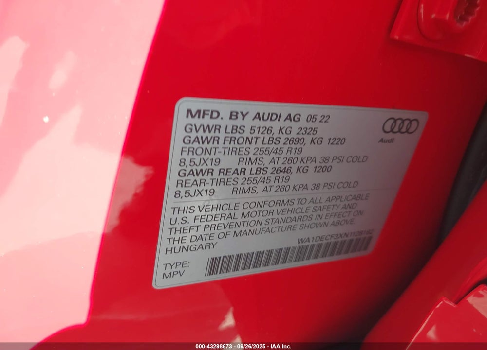 2022 AUDI Q3 PREMIUM 45 TFSI S LINE QUATTRO TIPTRONIC VIN: WA1DECF3XN1128182