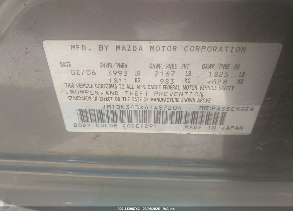 2006 MAZDA 3 VIN: JM1BK343X61487204