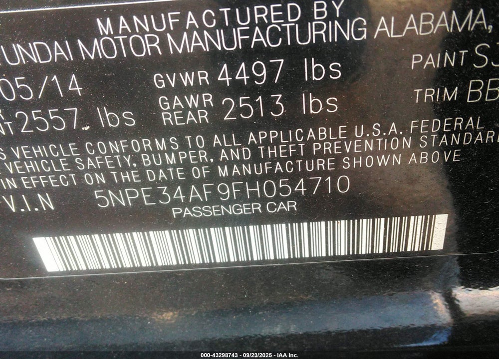 2015 HYUNDAI SONATA VIN: 5NPE34AF9FH054710