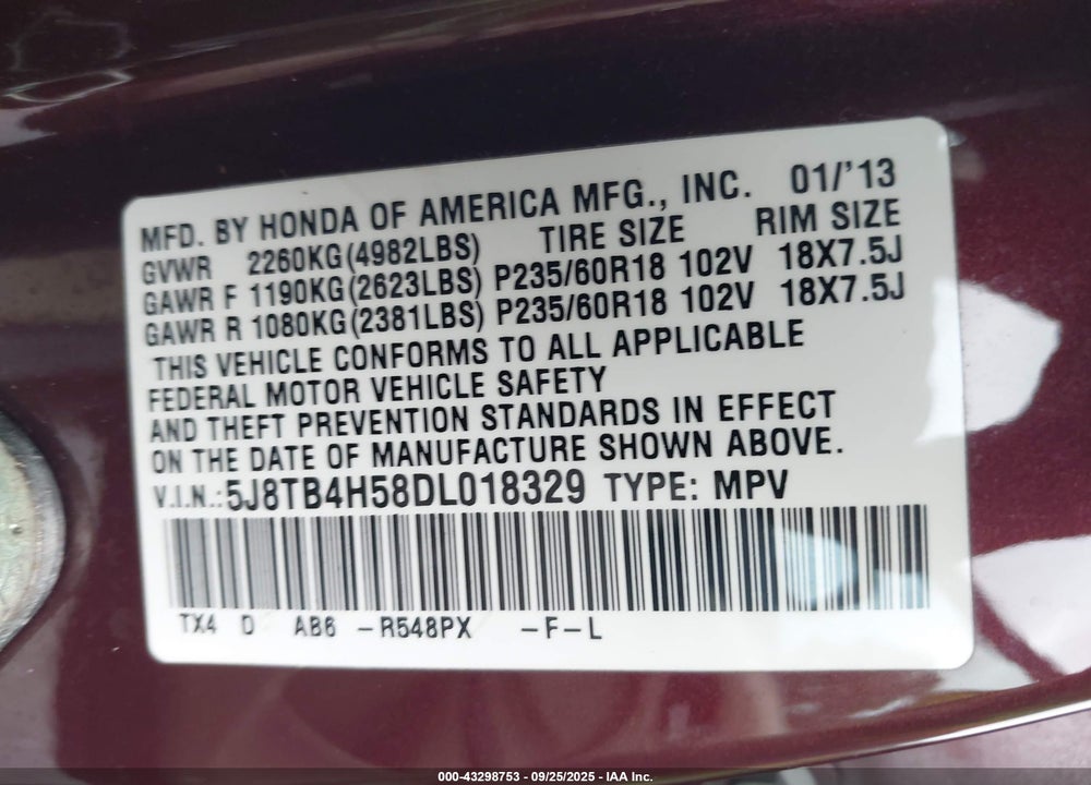 2013 ACURA RDX VIN: 5J8TB4H58DL018329