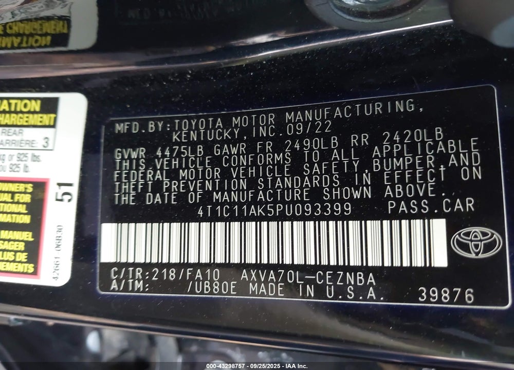 2023 TOYOTA CAMRY LE VIN: 4T1C11AK5PU093399