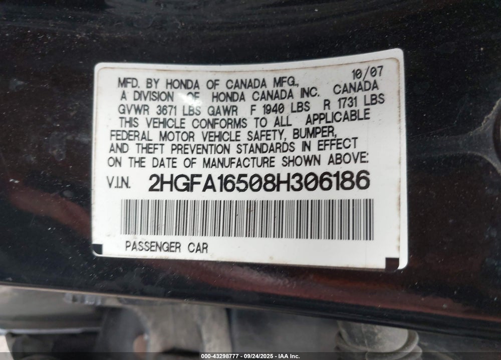 2008 HONDA CIVIC VIN: 2HGFA16508H306186