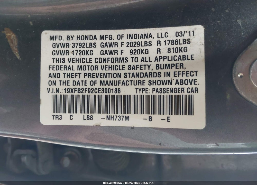 2012 HONDA CIVIC EX-L VIN: 19XFB2F92CE300186