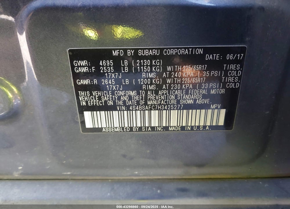 2017 SUBARU OUTBACK VIN: 4S4BSAFC7H3425277