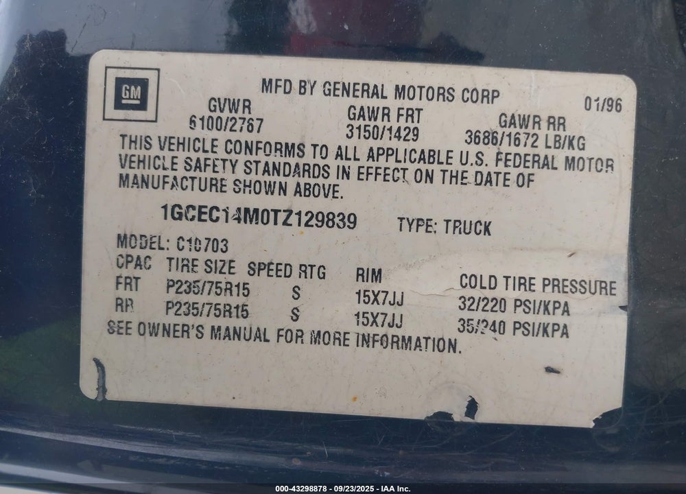 1996 CHEVROLET GMT-400 C1500 VIN: 1GCEC14M0TZ129839