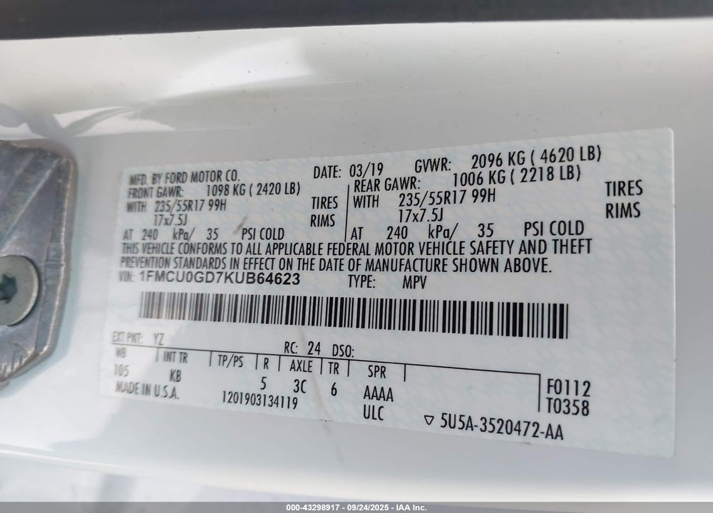 2019 FORD ESCAPE VIN: 1FMCU0GD7KUB64623