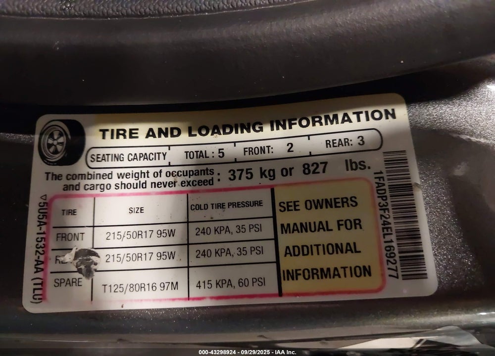 2014 FORD FOCUS VIN: 1FADP3F24EL169277