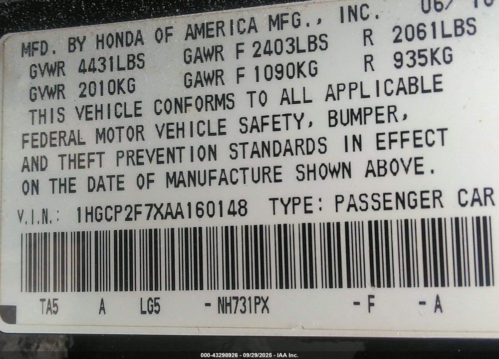 2010 HONDA ACCORD VIN: 1HGCP2F7XAA160148