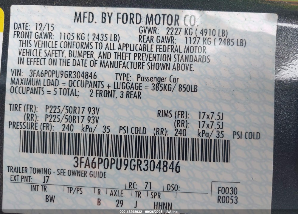 2016 FORD FUSION VIN: 3FA6P0PU9GR304846