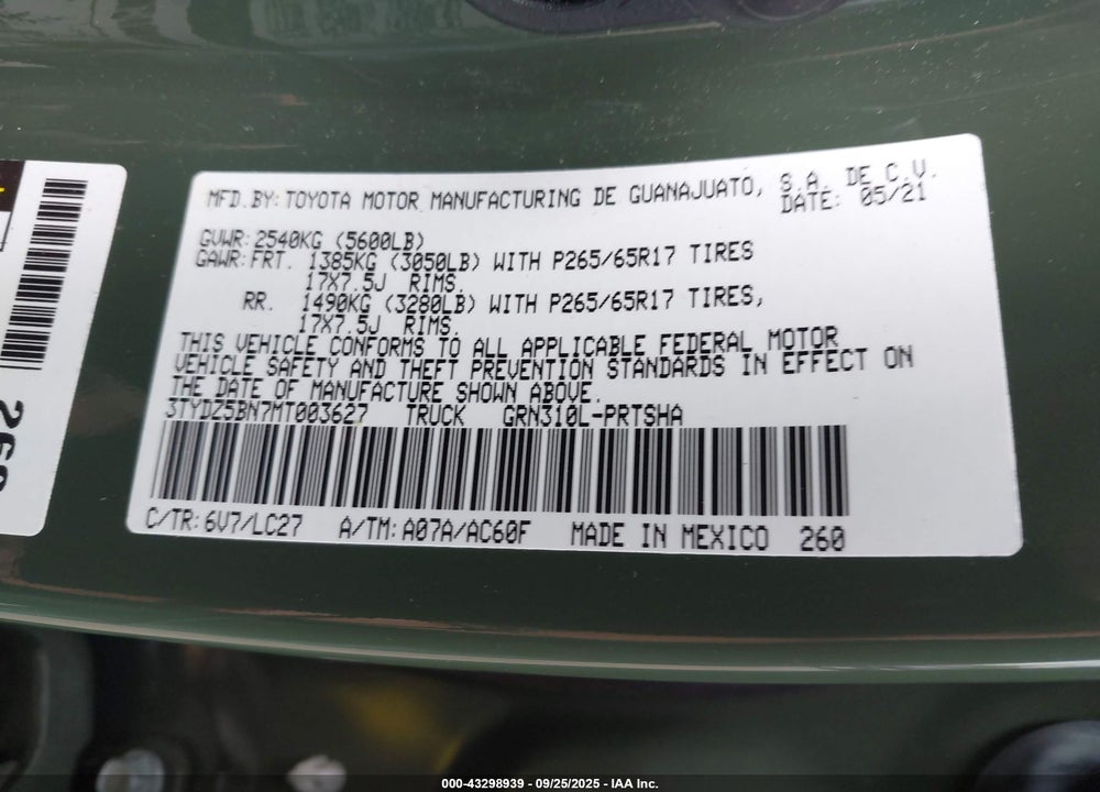 2021 TOYOTA TACOMA VIN: 3TYDZ5BN7MT003627
