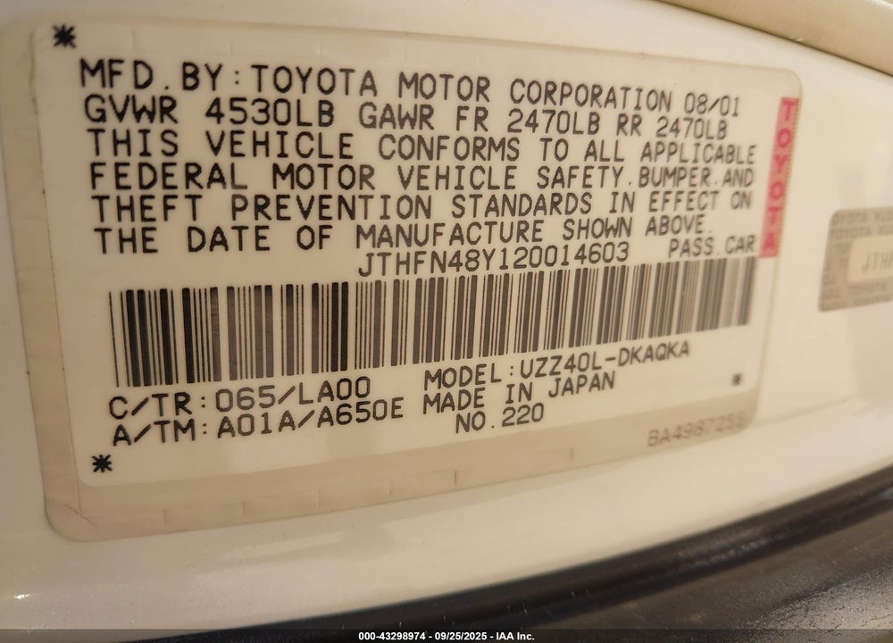 2002 LEXUS SC 430 VIN: JTHFN48Y120014603