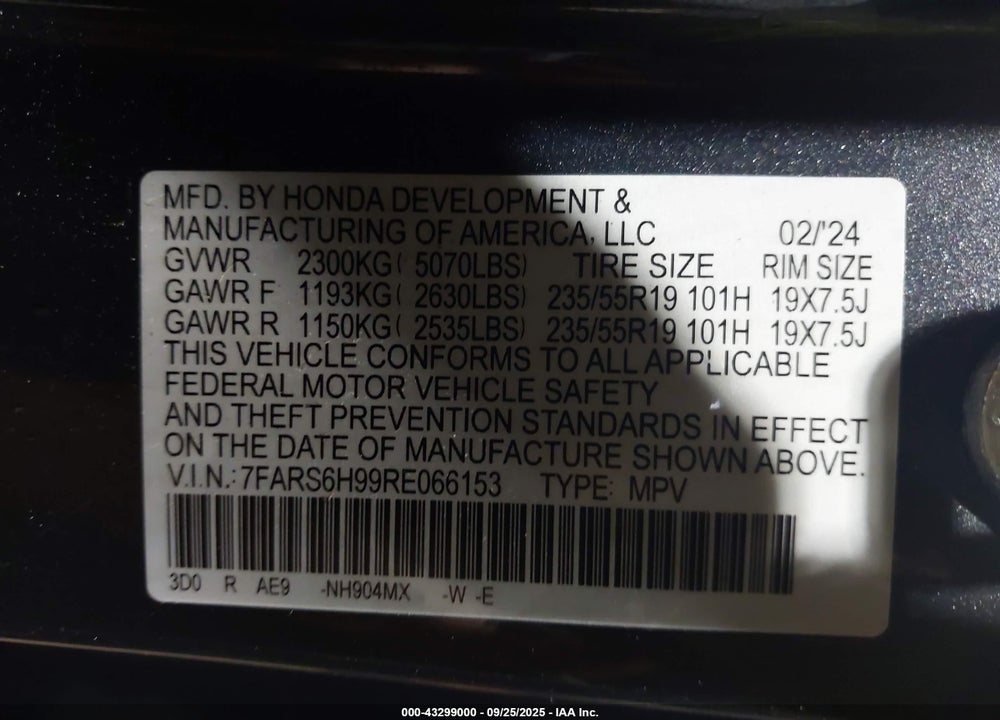 2024 HONDA CR-V VIN: 7FARS6H99RE066153