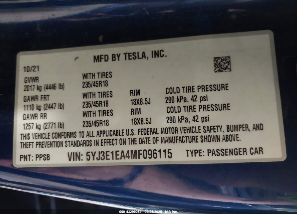 2021 TESLA MODEL 3 VIN: 5YJ3E1EA4MF096115