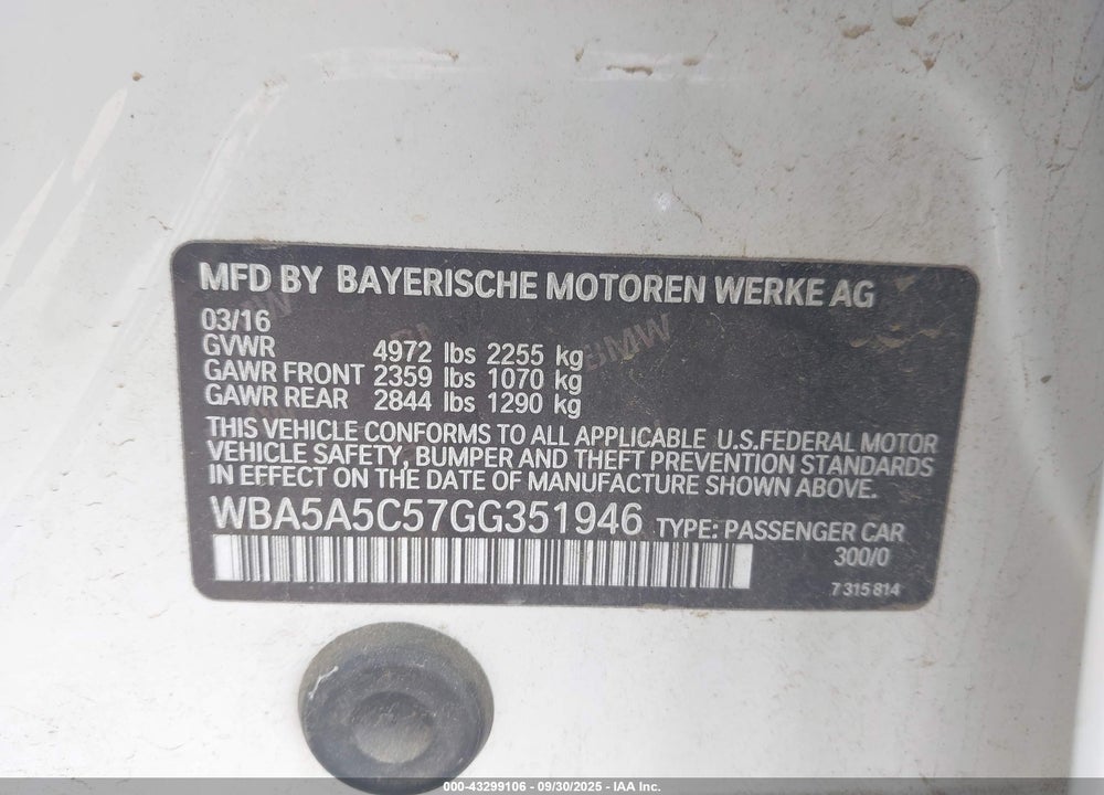2016 BMW 528I VIN: WBA5A5C57GG351946