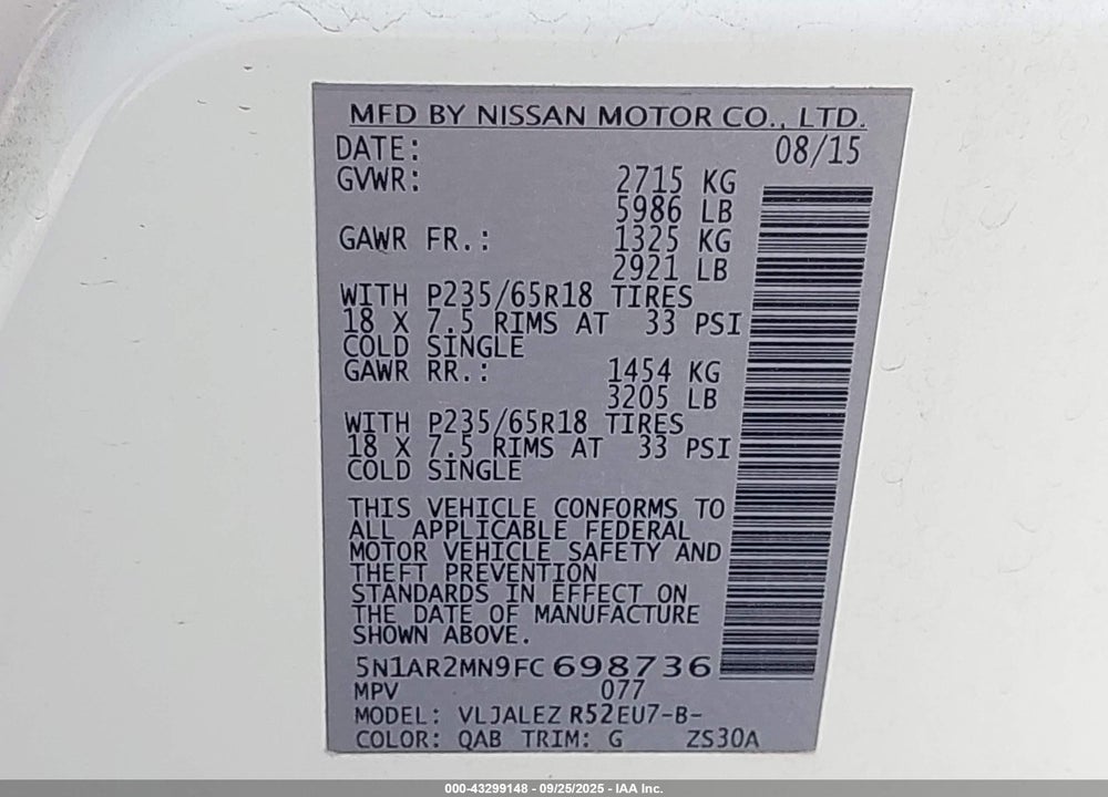 2015 NISSAN PATHFINDER SV VIN: 5N1AR2MN9FC698736