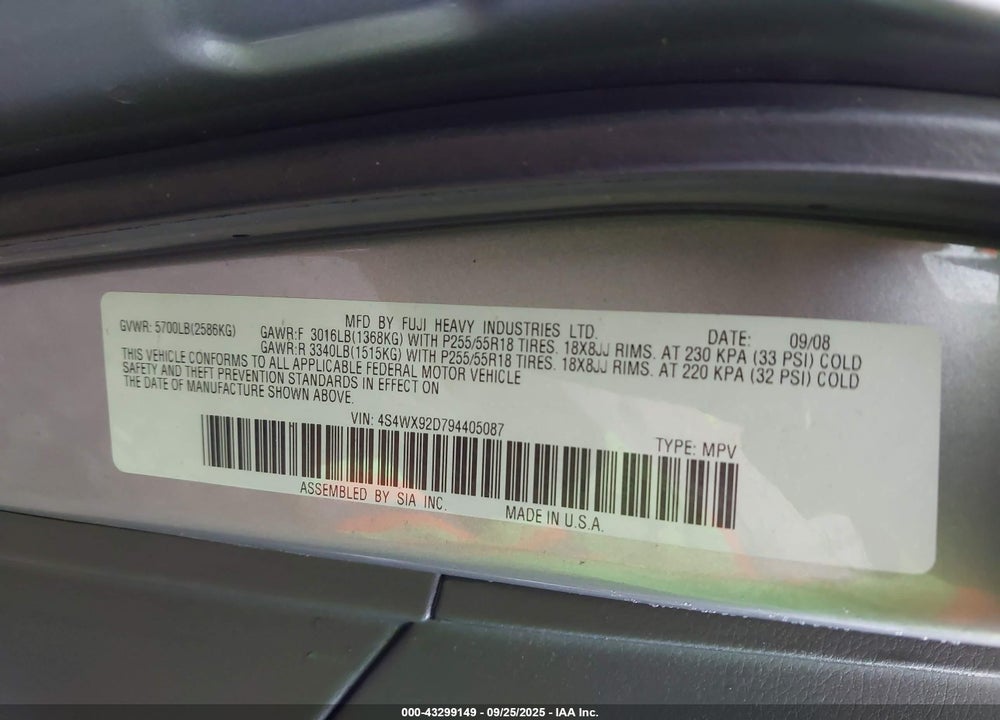 2009 SUBARU TRIBECA VIN: 4S4WX92D794405087