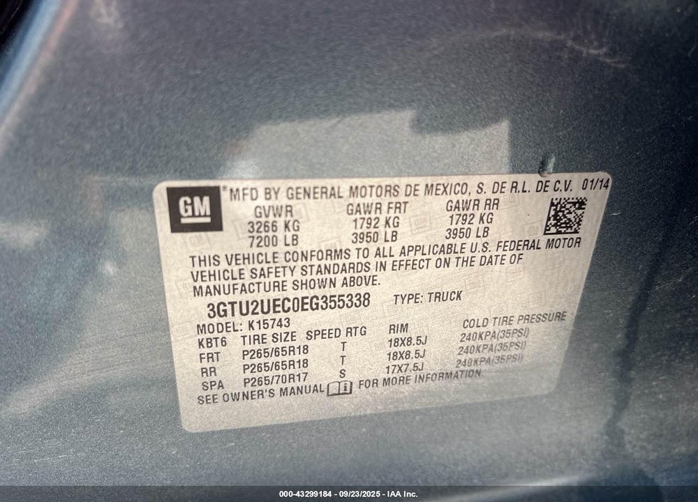 2014 GMC SIERRA K1500 SLE VIN: 3GTU2UEC0EG355338