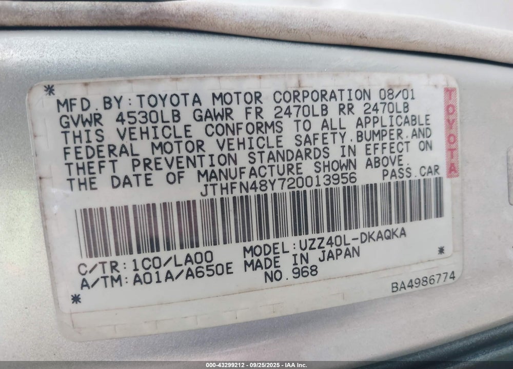 2002 LEXUS SC 430 VIN: JTHFN48Y720013956