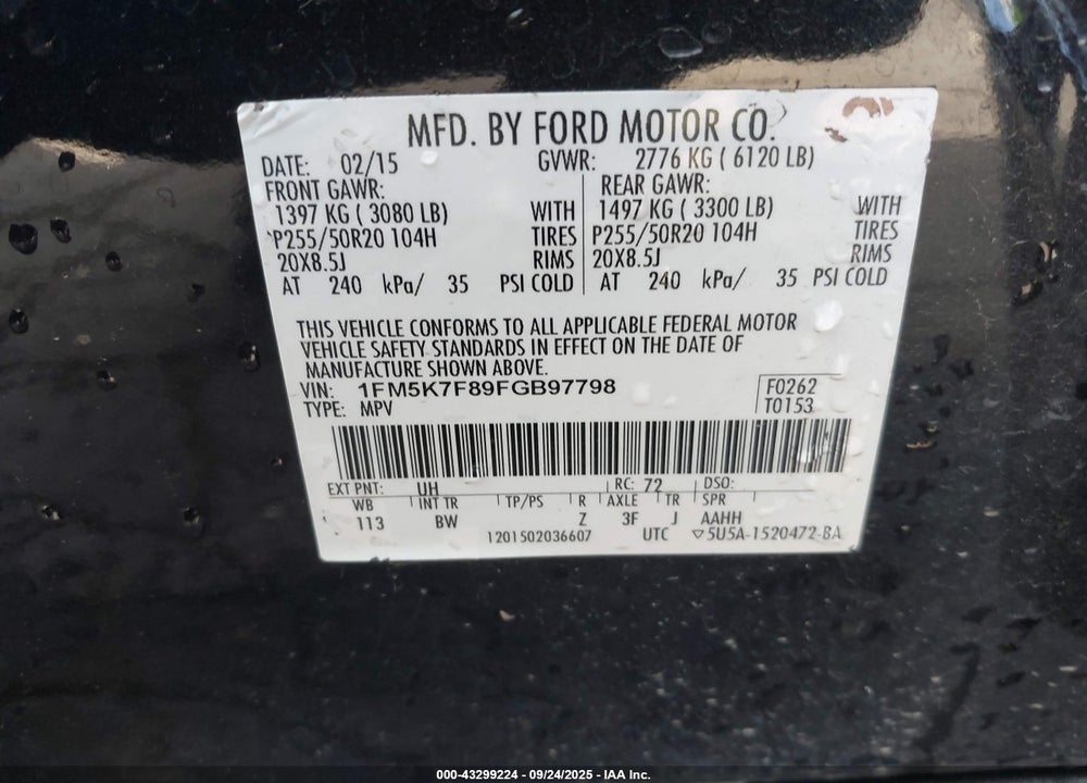 2015 FORD EXPLORER LIMITED VIN: 1FM5K7F89FGB97798