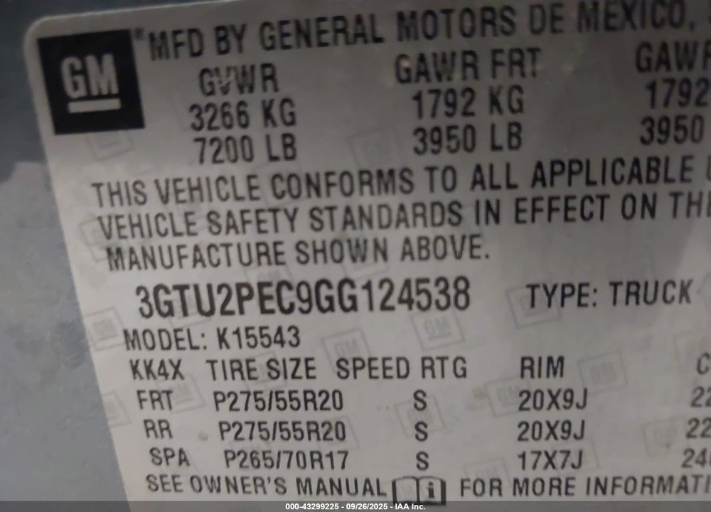 2016 GMC SIERRA 1500 DENALI VIN: 3GTU2PEC9GG124538