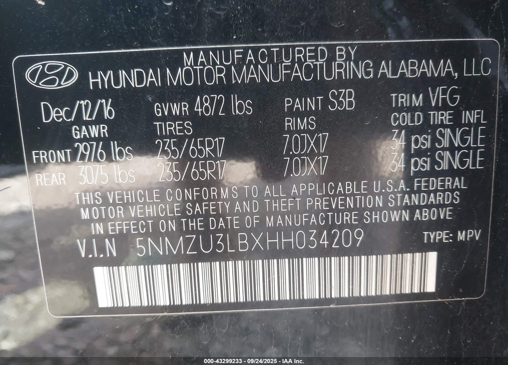 2017 HYUNDAI SANTA FE VIN: 5NMZU3LBXHH034209