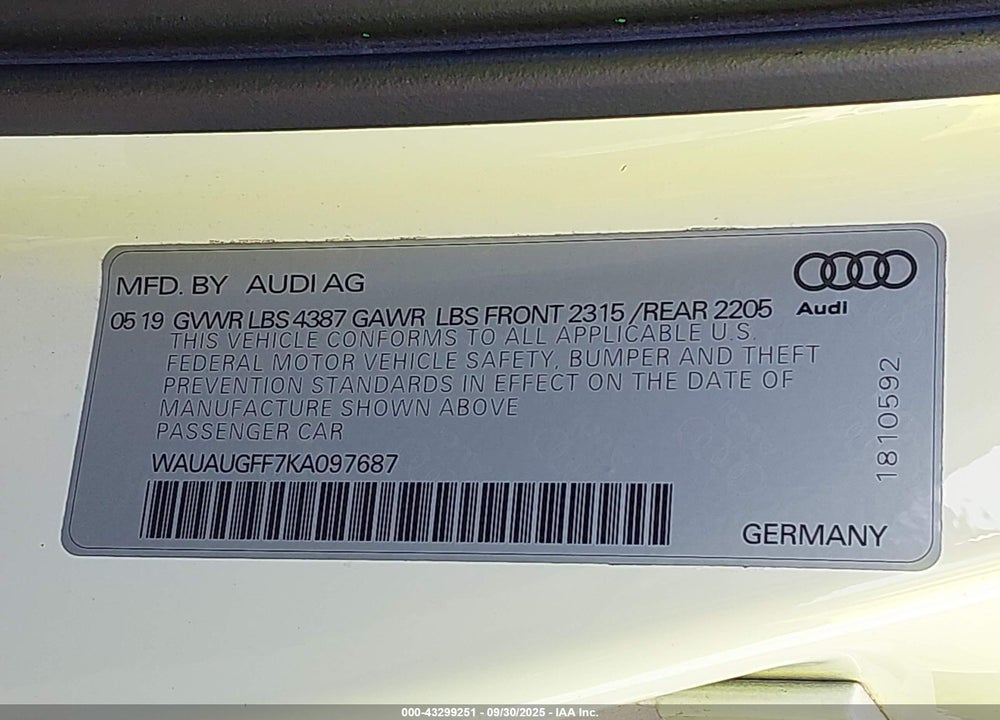 2019 AUDI A3 40 PREMIUM/40 TITANIUM PREMIUM VIN: WAUAUGFF7KA097687