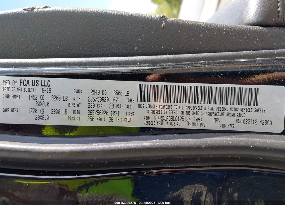 2020 DODGE DURANGO VIN: 1C4RDJAG8LC125134