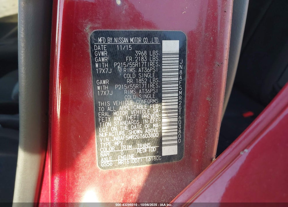 2016 NISSAN JUKE VIN: JN8AF5MR2GT603800