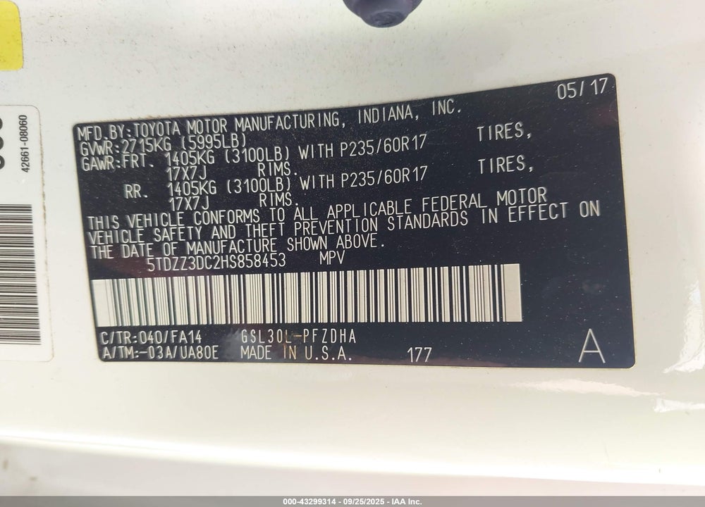 2017 TOYOTA SIENNA VIN: 5TDZZ3DC2HS858453