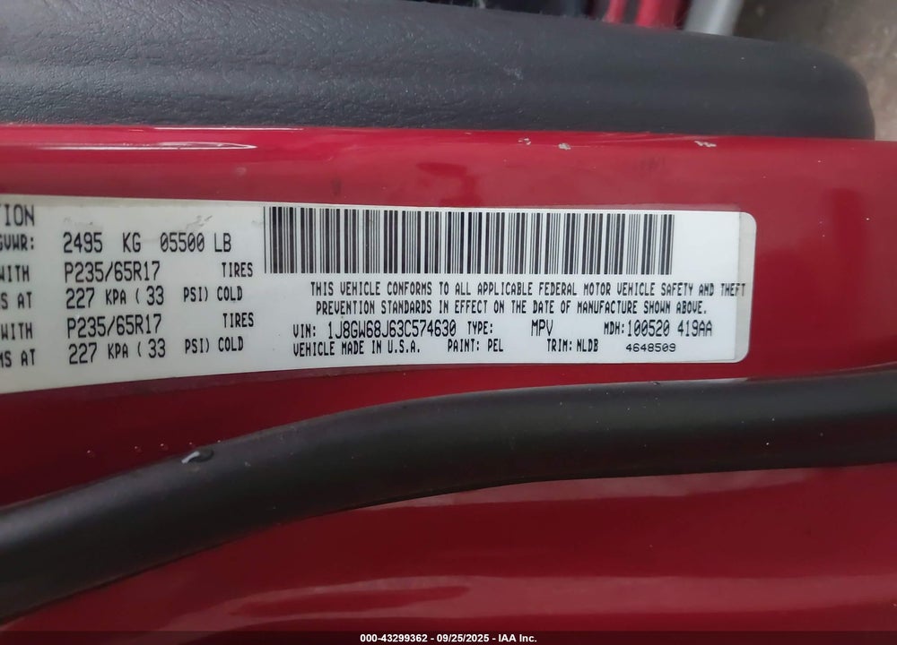 2003 JEEP GRAND CHEROKEE OVERLAND VIN: 1J8GW68J63C574630