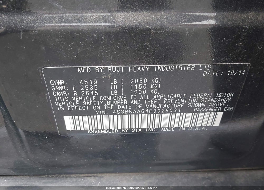 2015 SUBARU LEGACY 2.5I VIN: 4S3BNAA64F3026031