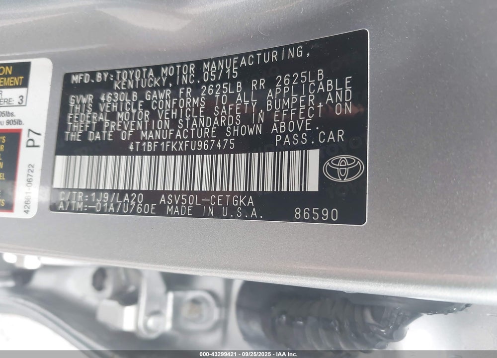 2015 TOYOTA CAMRY XLE VIN: 4T1BF1FKXFU967475