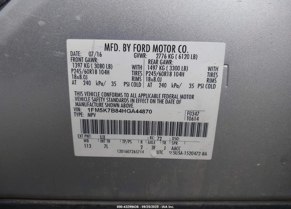 2017 FORD EXPLORER VIN: 1FM5K7B84HGA44870
