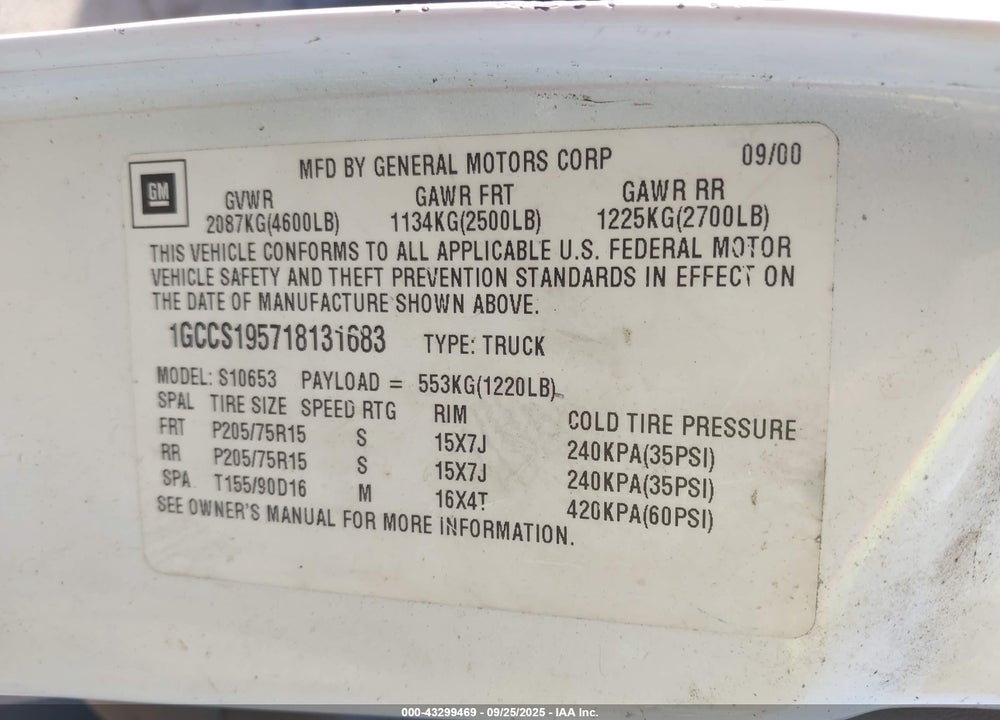 2001 CHEVROLET S-10 LS VIN: 1GCCS195718131683