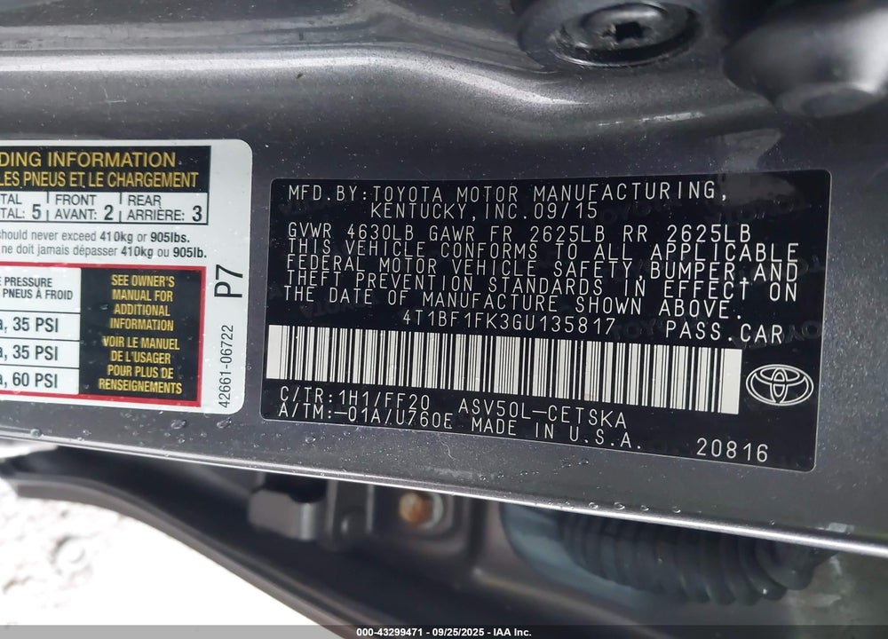 2016 TOYOTA CAMRY VIN: 4T1BF1FK3GU135817