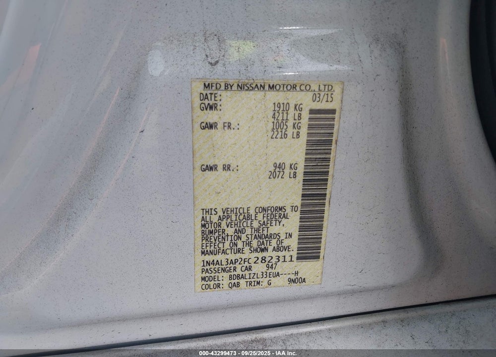 2015 NISSAN ALTIMA VIN: 1N4AL3AP2FC282311