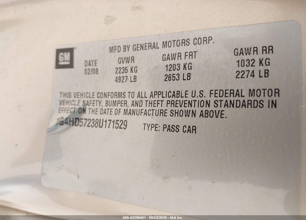 2008 BUICK LUCERNE CXL VIN: 1G4HD57238U171529