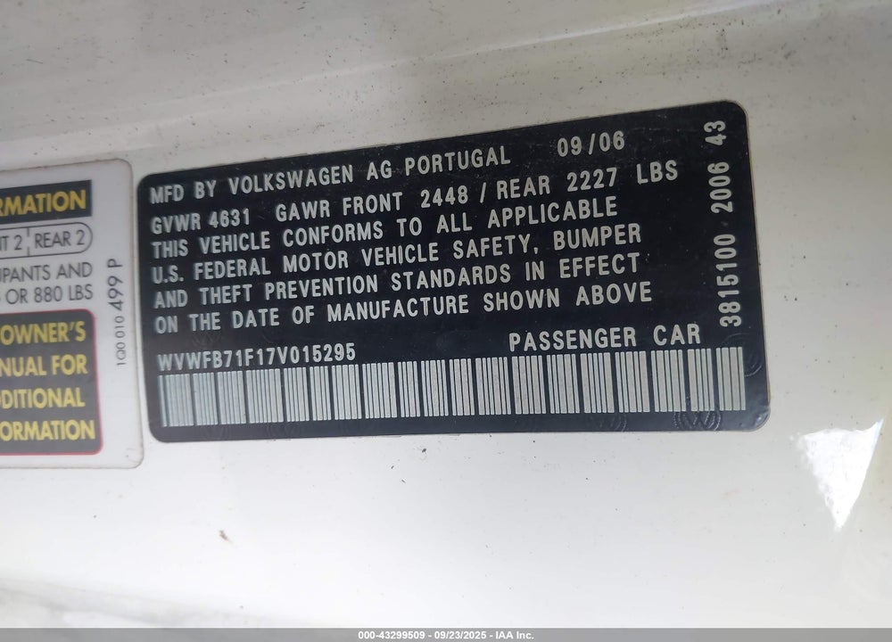 2007 VOLKSWAGEN EOS 3.2L VIN: WVWFB71F17V015295