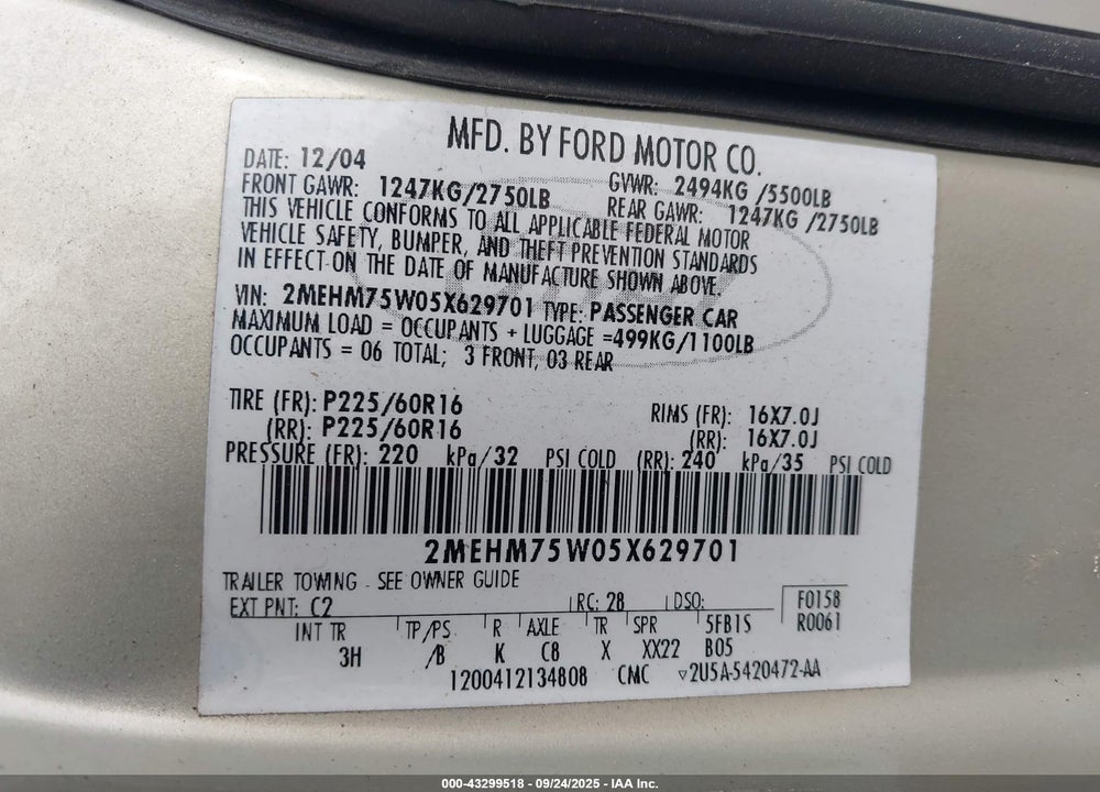 2005 MERCURY GRAND MARQUIS LS/LSE VIN: 2MEHM75W05X629701
