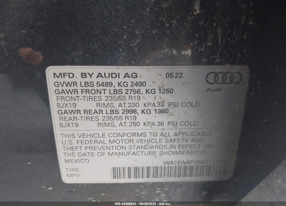 2022 AUDI Q5 PREMIUM PLUS 45 TFSI S LINE QUATTRO S TRONIC VIN: WA1EAAFY6N2114452